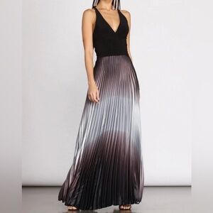 Betsy & Adam Black to Silver Ombre Pleated Maxi Dress